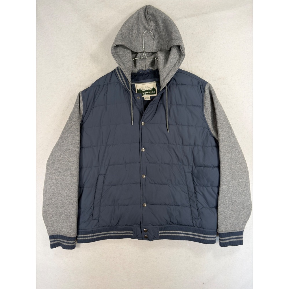 American Eagle Mens XL Navy Blue Quilted Puffer Varsity Jacket Gray Hooded Mixed